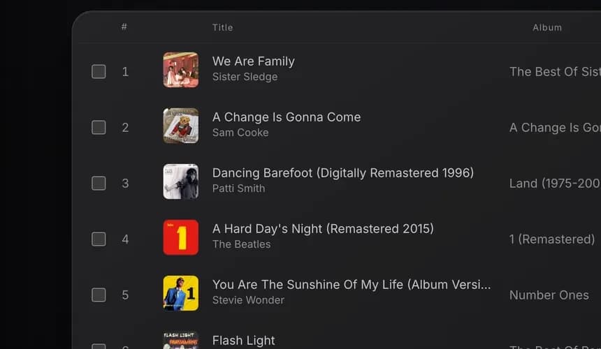 The OriginPlayer library listing uploaded songs with artwork, album, and duration
