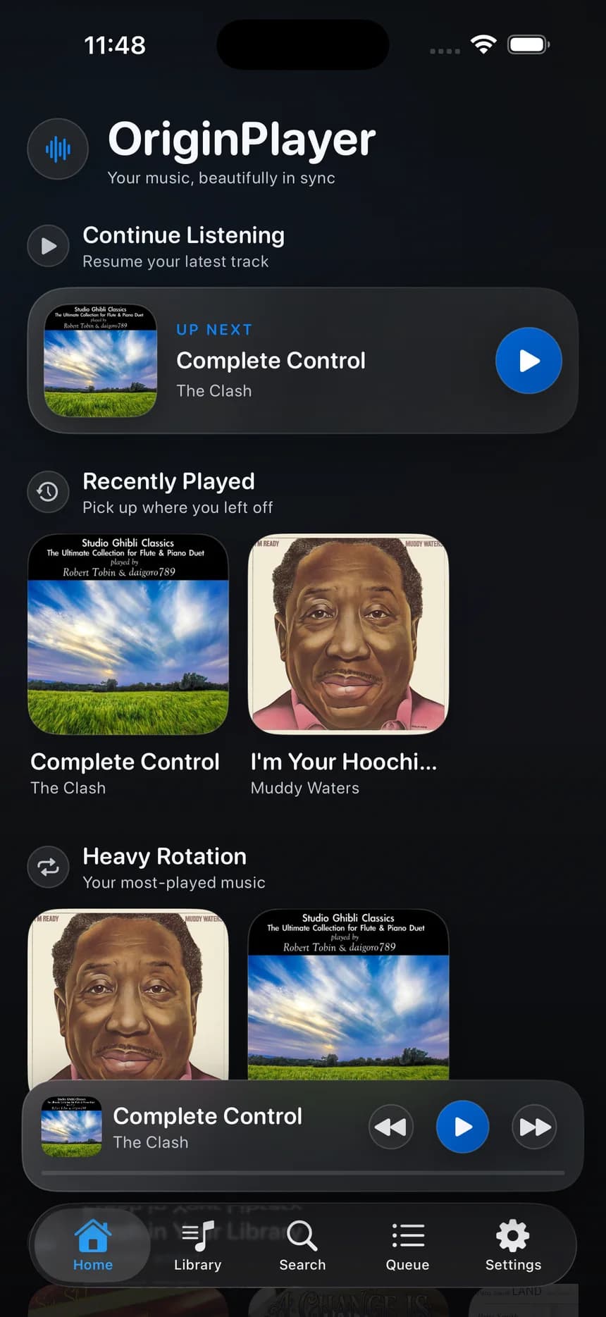 The OriginPlayer iPhone home screen showing continue listening and recently played