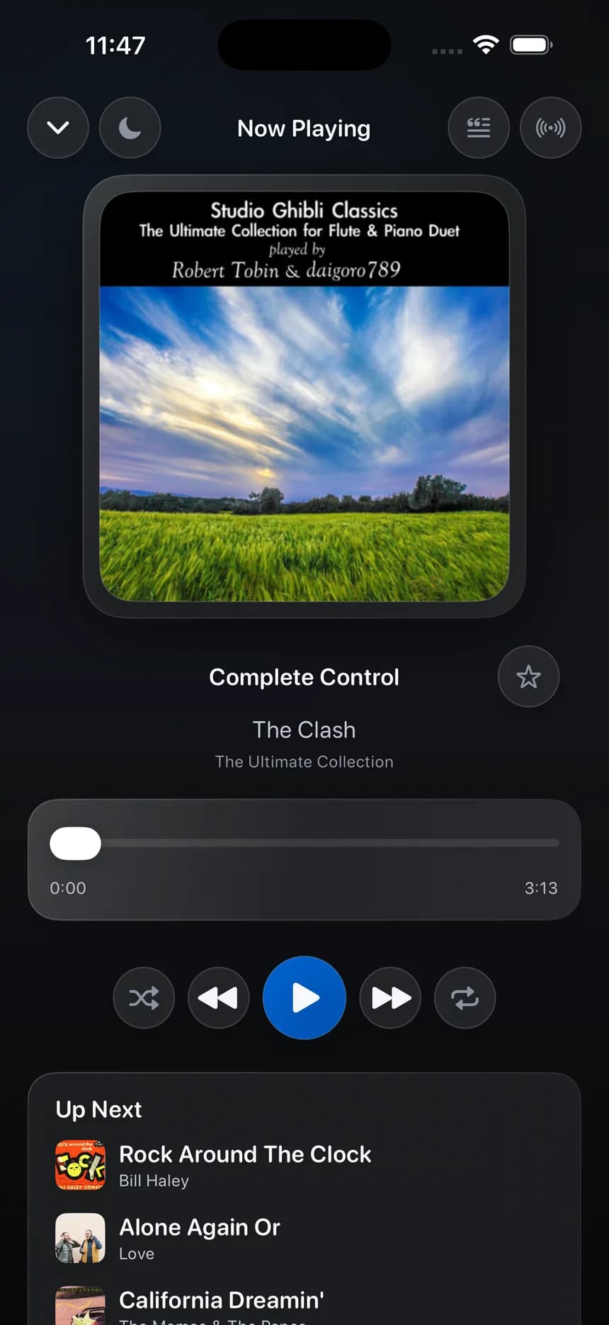 The OriginPlayer iPhone app playing a track from the same library