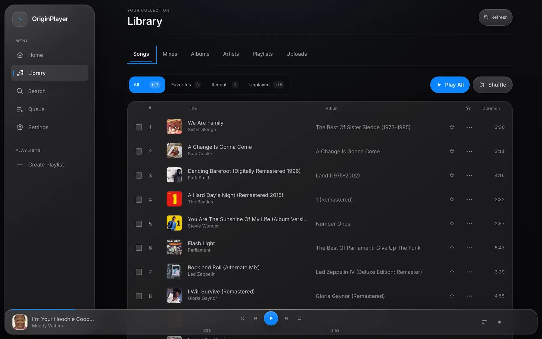 The OriginPlayer library listing 117 songs with artwork, album, and duration